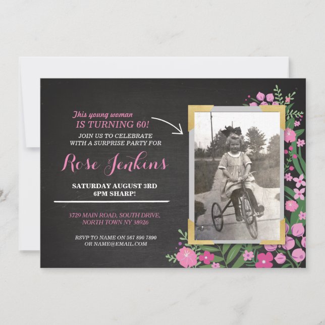 Invitation Photo Fête Anniversaire Rose Floral N'importe quel (Devant)