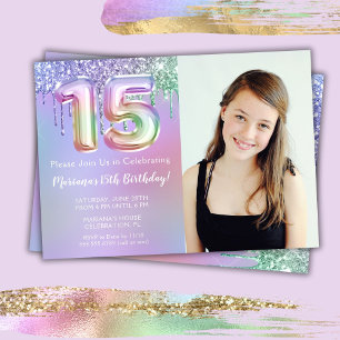 Invitation Photo Fête d'anniversaire 15 ans Paillettes Rose V