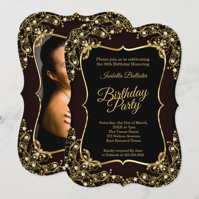 Invitation Photo fête d'anniversaire noir perles d'or (Devant / Derrière)