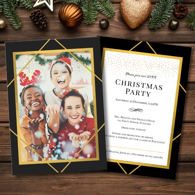 Invitation Photo Fête de Noël Sparkle (Christmas Party Invitation with sparkle elements and custom photo in gold, black and white)