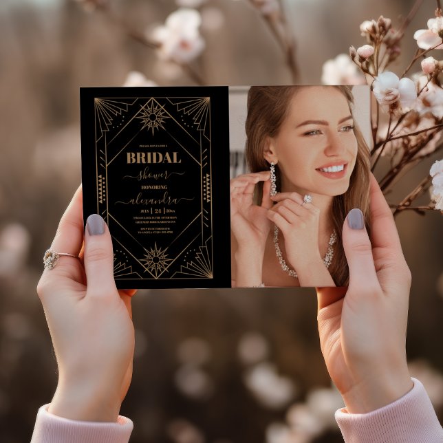 Invitation Photo Fête des mariées Art déco noir et or (Créateur téléchargé)