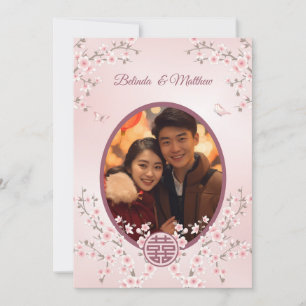 Invitation Photo Fleur de Cerisier Rose Poussiéreux Mariage C