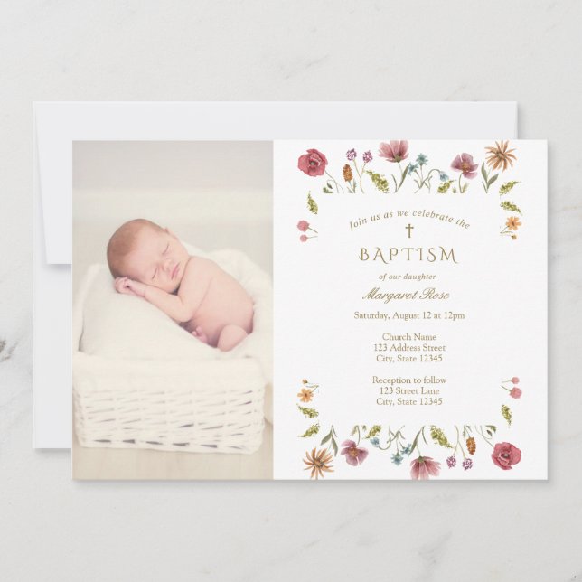 Invitation Photo fleur sauvage du baptême (Devant)