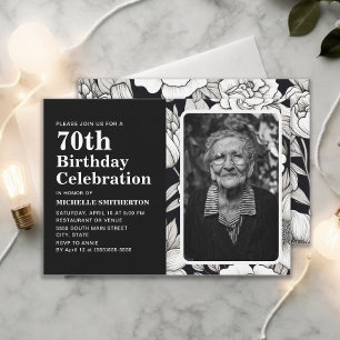 Invitation Photo Fleurs Noir Blanc 70e Anniversaire
