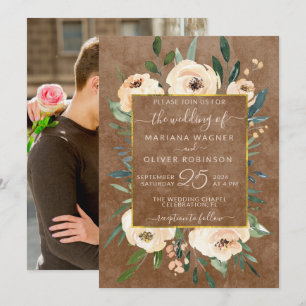 Invitation Photo Floral Beige Blush Rose Brown or Mariage