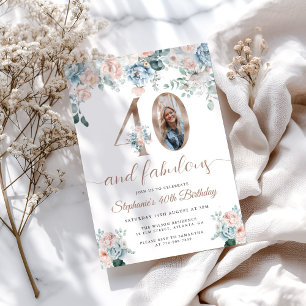Invitation Photo Floral Bleu et Rose 40e Anniversaire