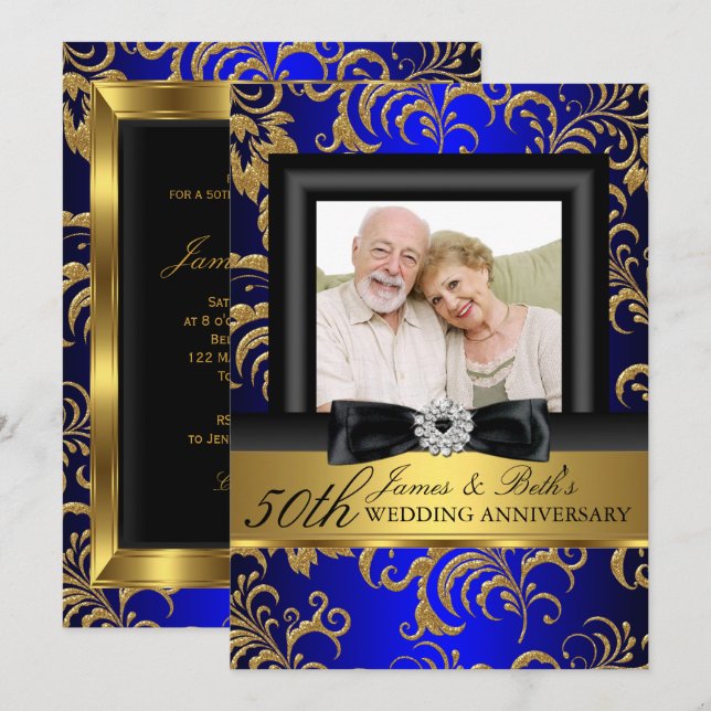 Invitation Photo floral bleu or 50e anniversaire de mariage (Devant / Derrière)