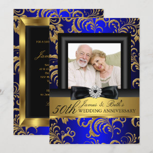 Invitation Photo floral bleu or 50e anniversaire de mariage