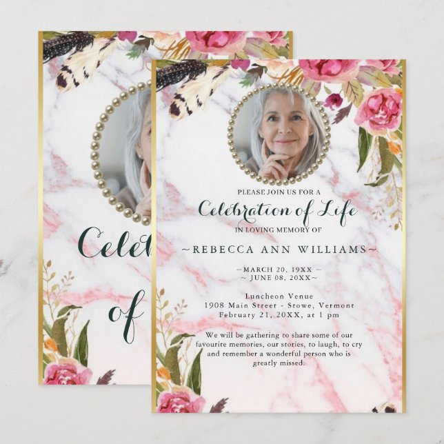 Invitation Photo Floral Blush Élégante Célébration de la vie (Devant / Derrière)