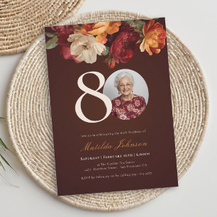 Invitation Photo Floral Bourguignon Romantique pour 80e Anniv