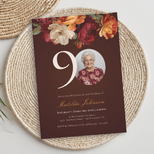Invitation Photo Floral Bourguignon Romantique pour 90e Anniv