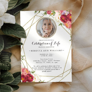 Invitation Photo Floral Burgundy Blush Célébration de la vie
