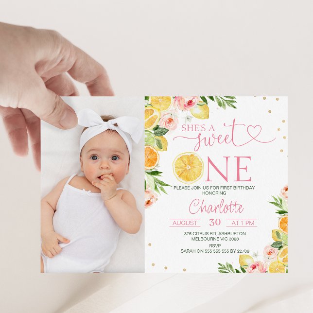 Invitation Photo Floral Citrus She's A Sweet One 1st Birthday (SWEET ONE birthday invitation, Summer 1st Birthday Invite, Fruit 1st Birthday Invitation, Sweet One )