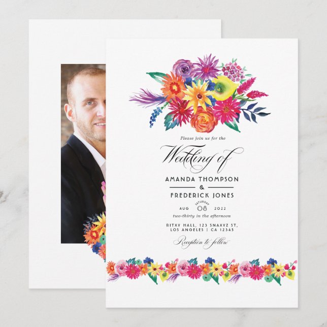 Invitation Photo Floral Fiesta Mariage (Devant / Derrière)