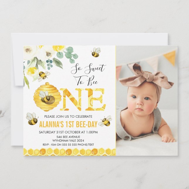 Invitation Photo Floral Honey Bee First Bee day Anniversaire (Devant)