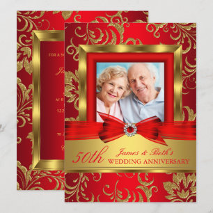 Invitation Photo floral or et rouge 50e anniversaire de maria