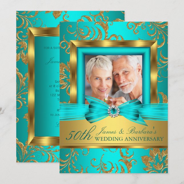 Invitation Photo Floral Or et Sarcelle 50e Anniversaire de Ma (Devant / Derrière)
