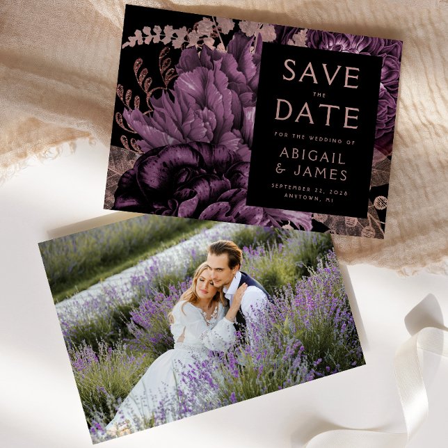 Invitation Photo Floral Purple Rose Gold Enregistrer la date (Créateur téléchargé)