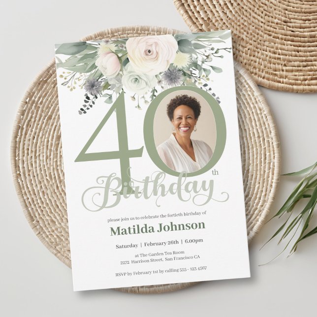 Invitation Photo Floral Sage 40e anniversaire (Photo Floral Sage 40th Birthday Invitation)