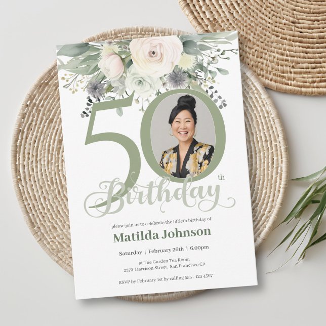 Invitation Photo Floral Sage 50e anniversaire (Photo Floral Sage 50th Birthday Invitation)