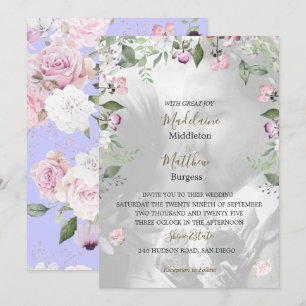 Invitation Photo Floral violet Mariage rose or