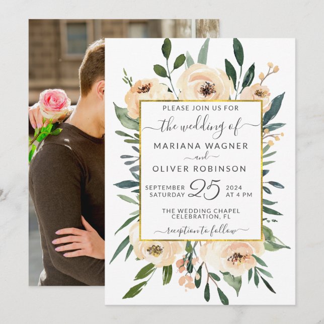 Invitation Photo Floral White Mariage (Devant / Derrière)