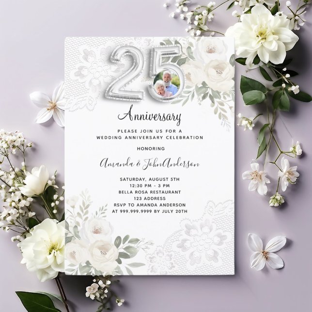 Invitation Photo florale blanche 25e anniversaire de mariage (Créateur téléchargé)
