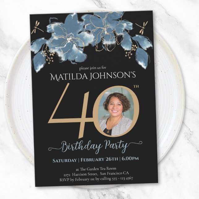 Invitation Photo Florale Bleue 40e anniversaire (Blue Floral Photo 40th Birthday Invitation)
