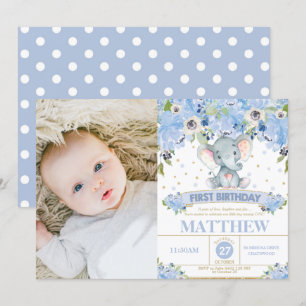 Invitation Photo florale bleue de garçon de ęr anniversaire