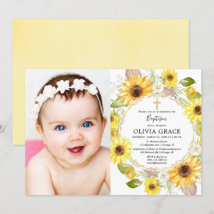 Invitation Photo florale d'aquarelle de baptême jaune de