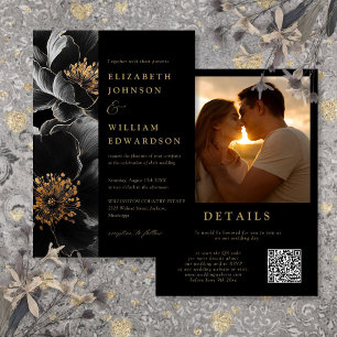 Invitation Photo Florale de luxe noir et or QR Code Mariage