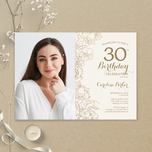 Invitation Photo florale d'or féminine 30e anniversaire (Créateur téléchargé)