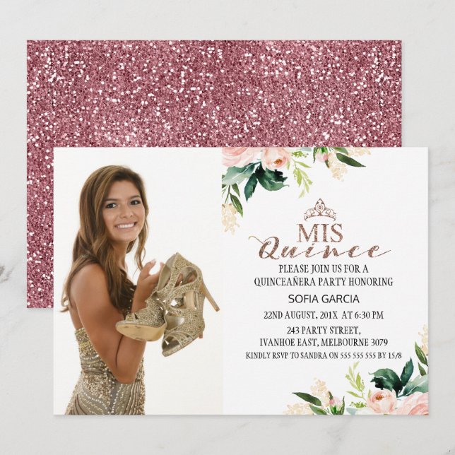 Invitation Photo Florale d'or Rose moderne Quinceañera (Devant / Derrière)