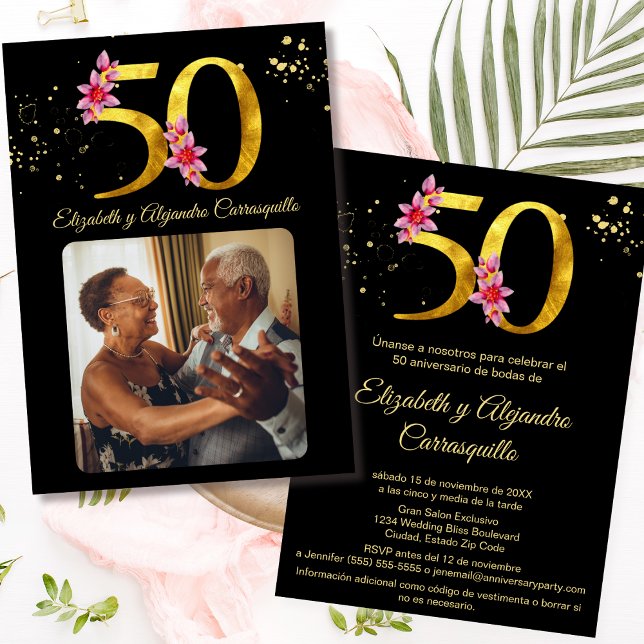 Invitation Photo Florale en or noir espagnol 50e anniversaire (Créateur téléchargé)