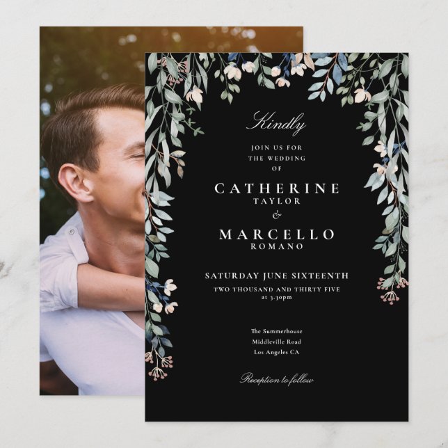 Invitation Photo Florale fleur sauvage Mariage noir et blanc (Devant / Derrière)