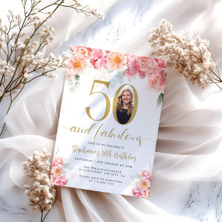 Invitation Photo florale rose et or 50e anniversaire