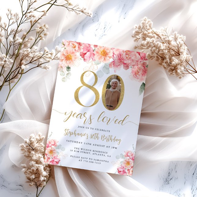 Invitation Photo florale rose et or 80e anniversaire (Créateur téléchargé)