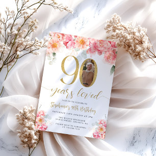 Invitation Photo florale rose et or 90e anniversaire
