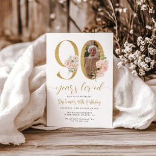 Invitation Photo florale rose pâle 90e anniversaire Invitatio