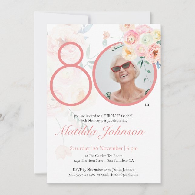 Invitation Photo florale rose personnalisée Surprise 80e anni (Devant)