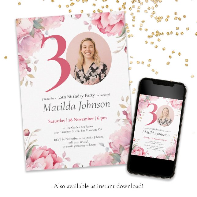 Invitation Photo florale rose sur mesure 30e anniversaire (30th Birthday Pink Floral Botanical Custom Photo Invitation)