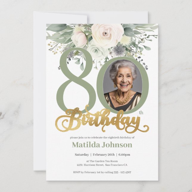 Invitation Photo florale Sage and Gold 80th Birthday (Devant)