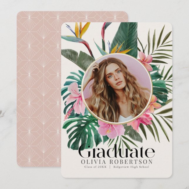 Invitation Photo florale tropicale Annonce de graduation (Devant / Derrière)