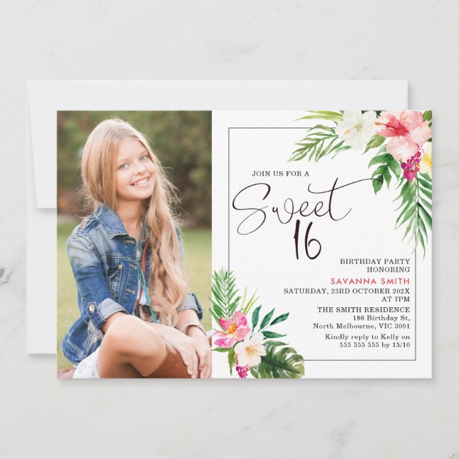 Invitation Photo florale tropicale moderne Sweet 16 Anniversa (Devant)