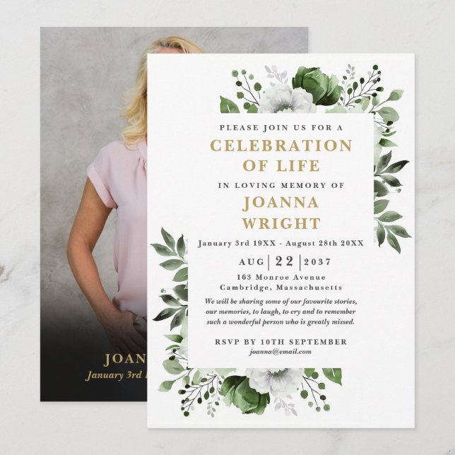 Invitation Photo Florale Verte Célébration De La Vie Funérair (Devant / Derrière)