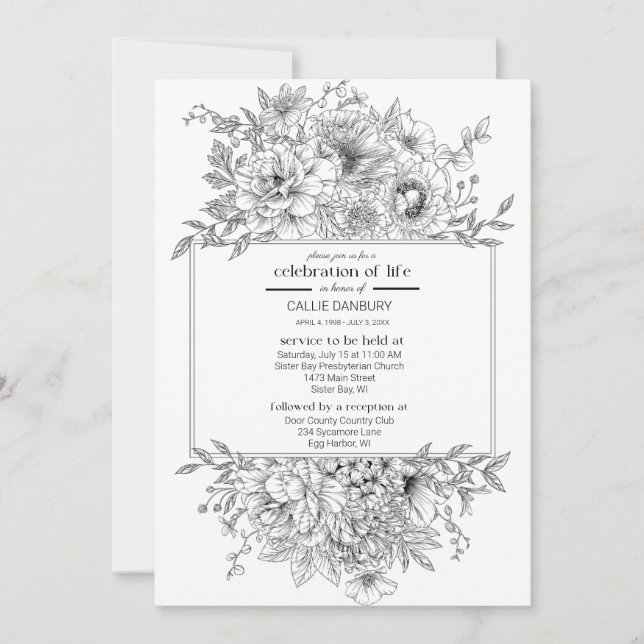 Invitation Photo funéraire de la ligne noire Florals (Devant)