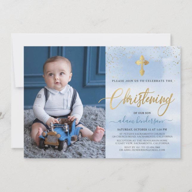 Invitation Photo Garçon Moderne Bleu Et Or Christening (Devant)