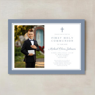 Invitation Photo Garçon Première Communion Croix Bleu Poussié