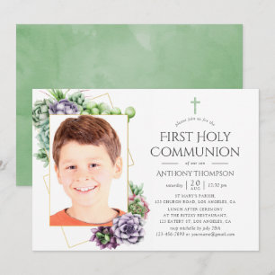 Invitation Photo Géométrique Succulente Première Communion Sa