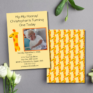 Invitation Photo Giraffe Orange et Jaune 1er anniversaire
